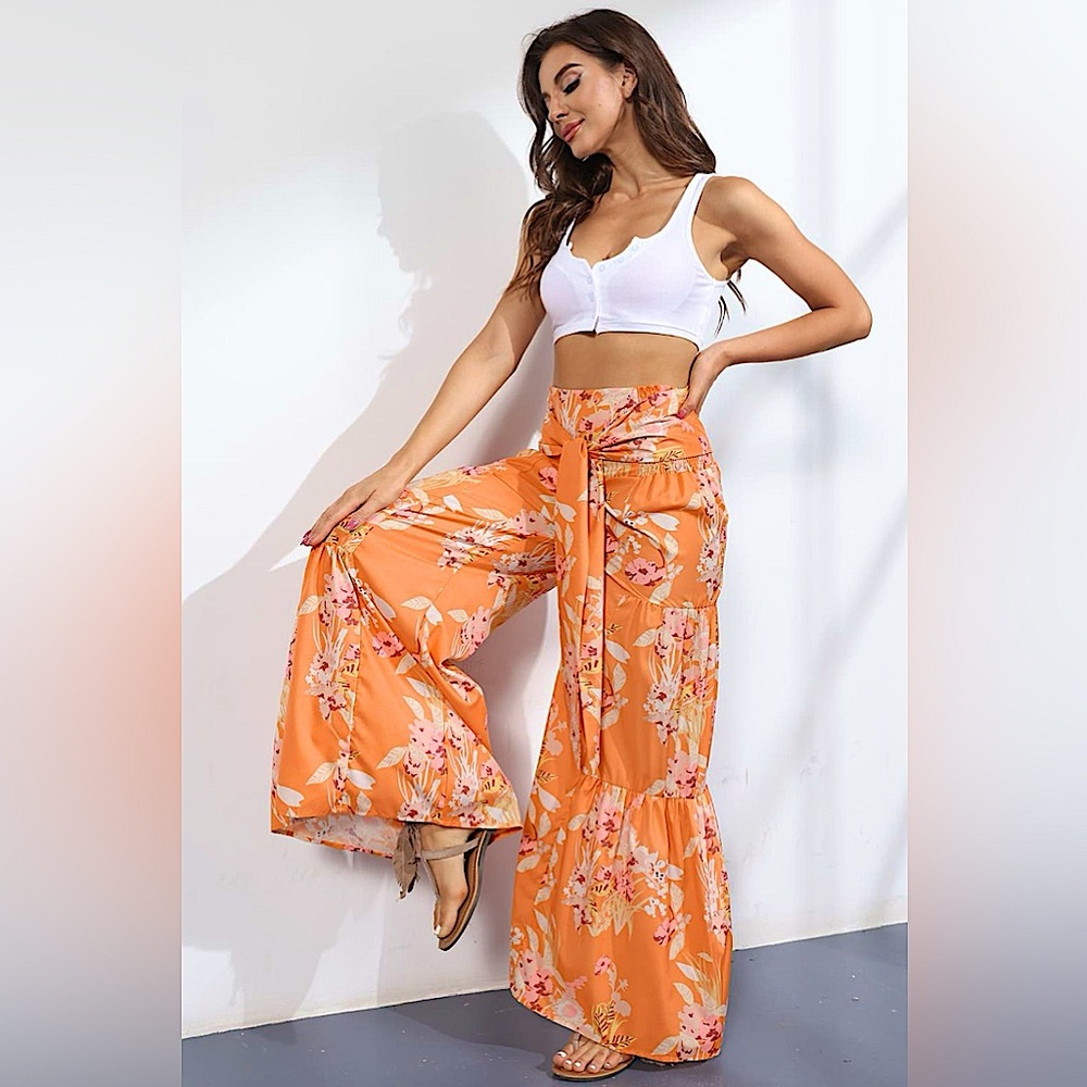 NWT-Plus Size High-Rise Tied Palazzo Pants - Picture 2 of 4